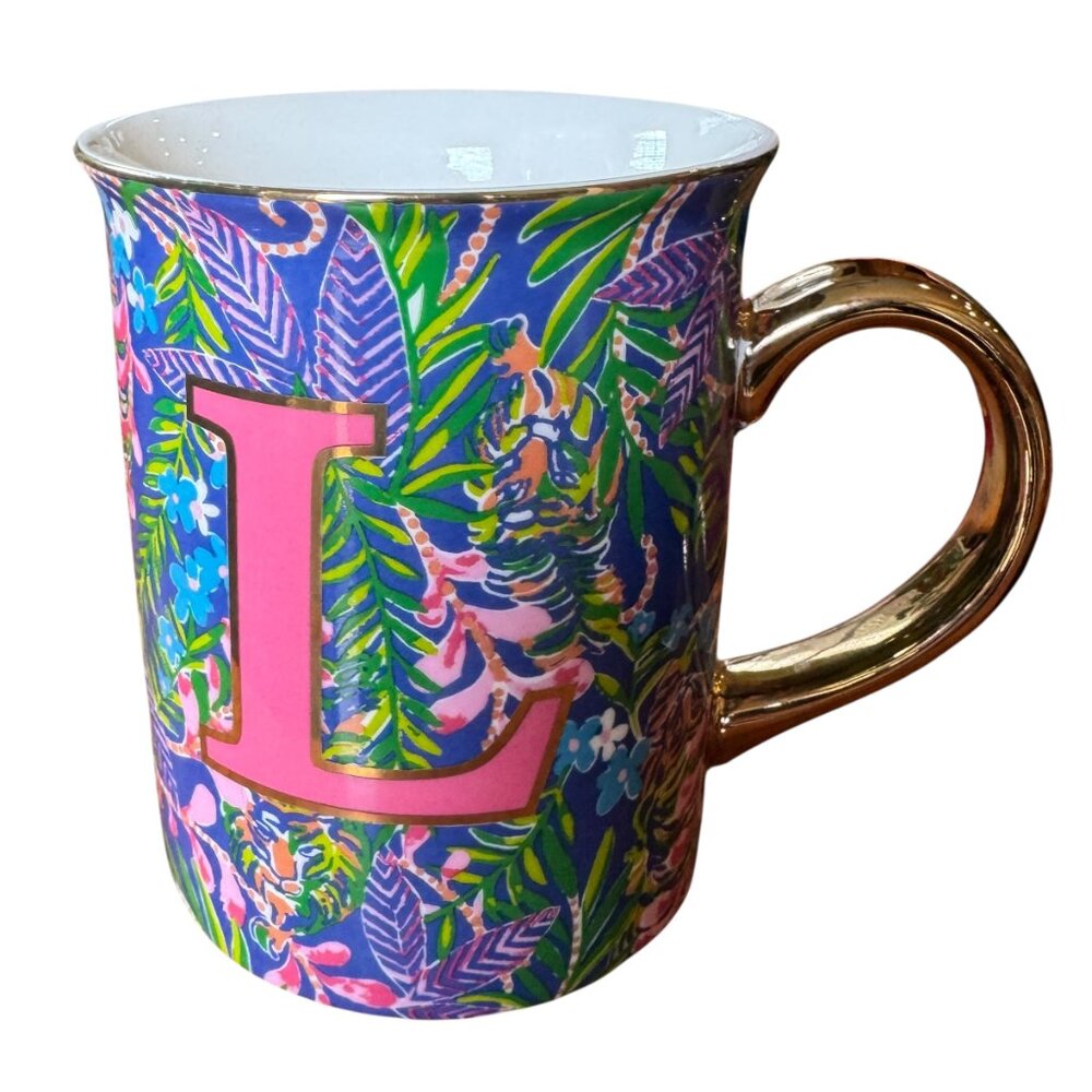 Lilly Pulitzer Monogram Initial "L" Mug Gold Handle Tiger Tropical Design 14oz.